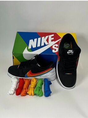 Nike Black Low-Top Sneakers with Rainbow Swoosh and Multi-Color Laces